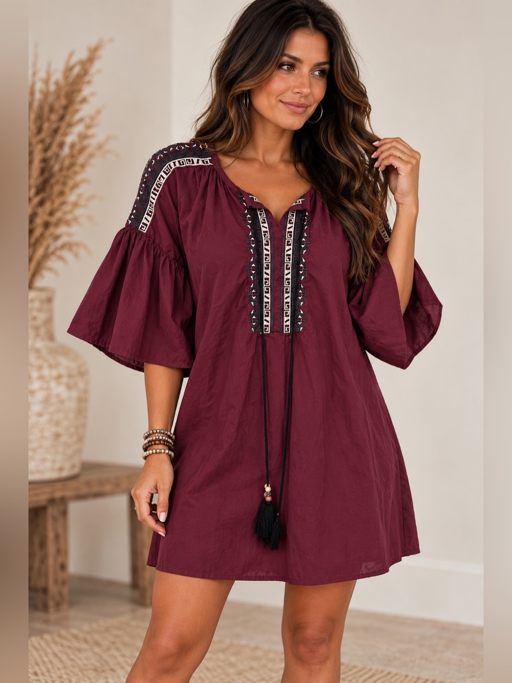eesome Burgundy Embroidered Boho Tunic with Tassel
